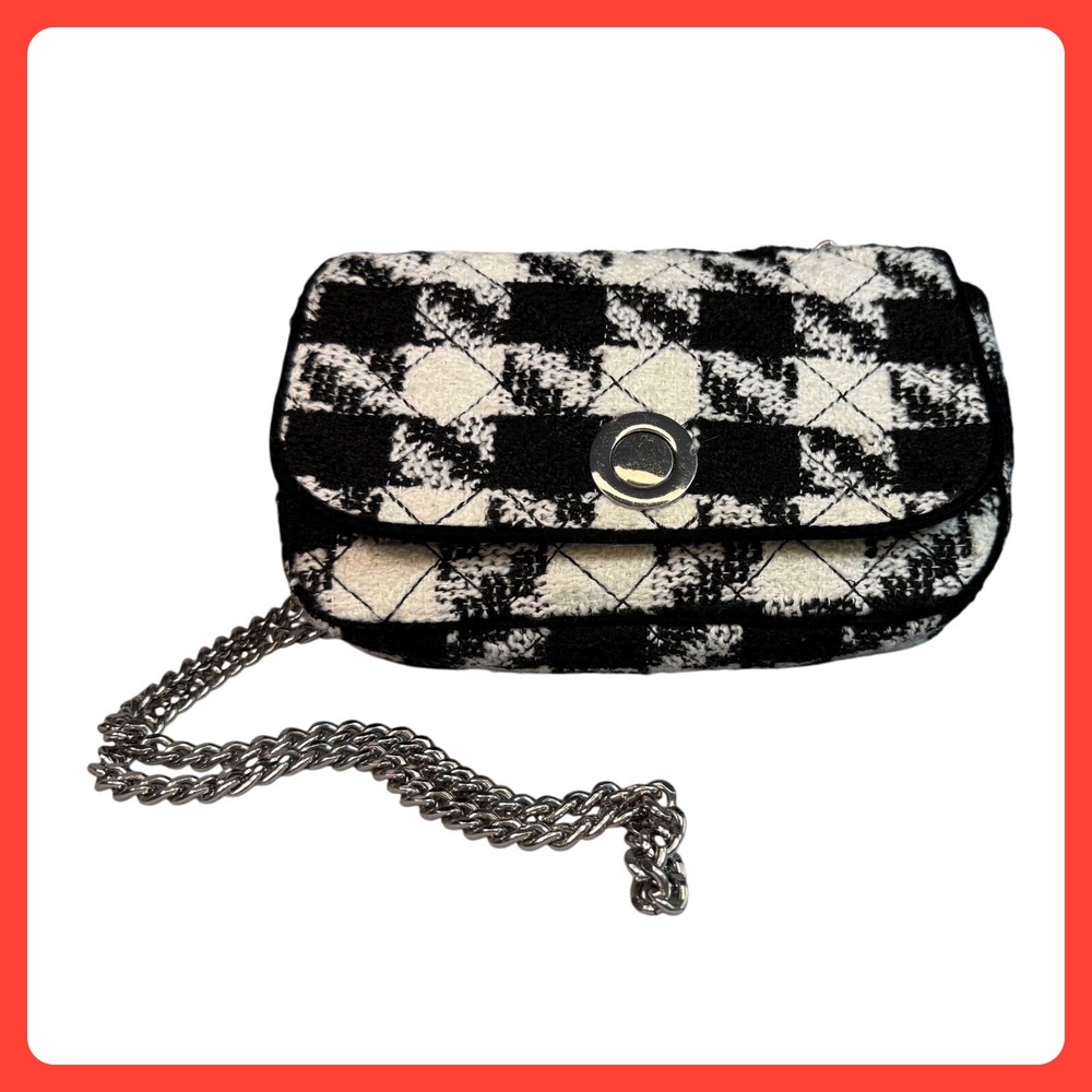 Zara Woman Tweed‎ Quilted Shoulder Bag Purse Chain Strap Black White